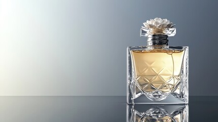 Luxury Perfume Bottle with Flower Cap on Gray Background