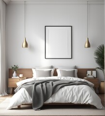 plain white frame in a cozy bedroom, 3d rendering