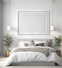 plain white frame in a cozy bedroom, 3d rendering