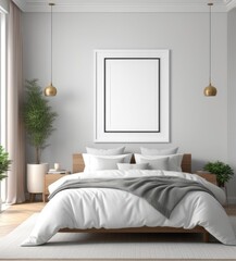 plain white frame in a cozy bedroom, 3d rendering