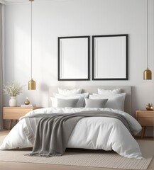 plain white frame in a cozy bedroom, 3d rendering