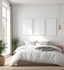 plain white frame in a cozy bedroom, 3d rendering