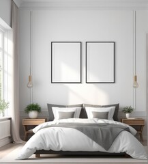 plain white frame in a cozy bedroom, 3d rendering