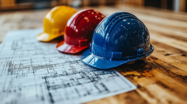 construction workers in hard hats collaborating on a project, showcasing teamwork and diligent labor. The scene highlights their focus and commitment to the construction process