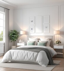 plain white frame in a cozy bedroom, 3d rendering