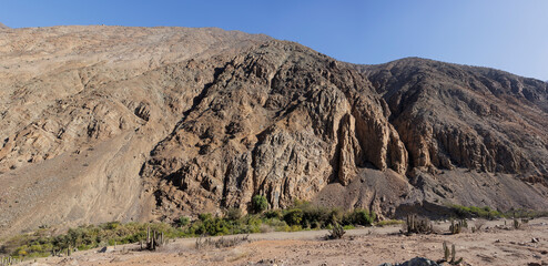 A stunning rocky mountain range with patches of vegetation under a clear blue sky, highlighting the natural contrast and the rugged beauty of the landscape.