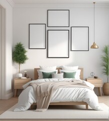 plain white frame in a cozy bedroom, 3d rendering
