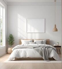 plain white frame in a cozy bedroom, 3d rendering