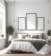 plain white frame in a cozy bedroom, 3d rendering