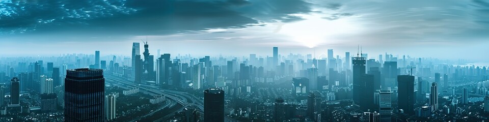 A panoramic view of a modern city skyline at dawn, showcasing towering buildings and a dramatic sky.