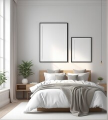 plain white frame in a cozy bedroom, 3d rendering