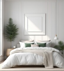 plain white frame in a cozy bedroom, 3d rendering
