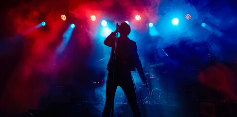 Obraz premium Silhouetted singer performing on stage with dramatic lighting at a live concert