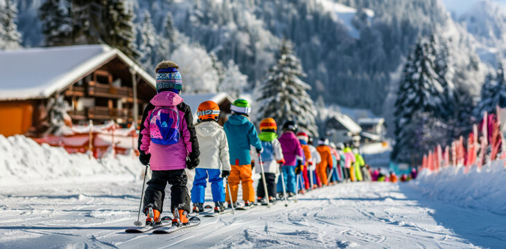 Children in colorful ski gear wait in line at a snowy resort for a lesson on a sunny winter day
