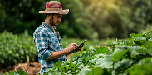 Farmer using a tablet to monitor crops in a lush field during sunny weather in rural surroundings