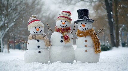 Fototapeta premium Snowman Family in a Snowy Park: A Winter Wonderland Scene Capturing Joy and Togetherness