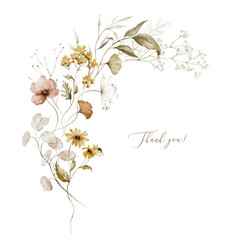 Watercolor floral illustration - wildflowers bouquet. Autumn fall dried flowers leaves, for wedding invitations, greetings, wallpapers, fashion, background texture, wrapping. Yellow white silver dull.