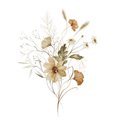 Watercolor floral illustration - wildflowers bouquet. Autumn fall dried flowers leaves, for wedding invitations, greetings, wallpapers, fashion, background texture, wrapping. Yellow white silver dull.