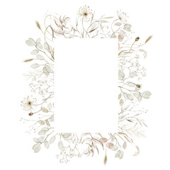 Watercolor floral illustration - wildflowers wreath frame. Autumn fall dried flowers, leaves, for wedding invitations, greetings, wallpapers, fashion, background, texture, wrapping. Yellow dull. 