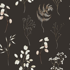 Seamless watercolor floral pattern - autumn fall dried dull flower elements, leaves branches on black dark background. Prints wallpapers postcards greetings cards wedding invites. Yellow white silver. © Veris Studio