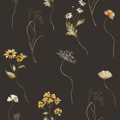 Seamless watercolor floral pattern - autumn fall dried dull flower elements, leaves branches on black dark background. Prints wallpapers postcards greetings cards wedding invites. Yellow white silver. © Veris Studio