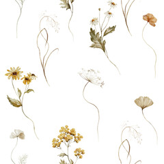 Seamless watercolor floral pattern - autumn fall dried dull flower elements, leaves branches on white background. Wrappers, wallpapers, postcards, greeting cards, wedding invites. Yellow white silver. © Veris Studio