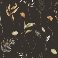 Seamless watercolor floral pattern - autumn fall dried dull flower elements, leaves branches on black dark background. Prints wallpapers postcards greetings cards wedding invites. Yellow white silver. © Veris Studio