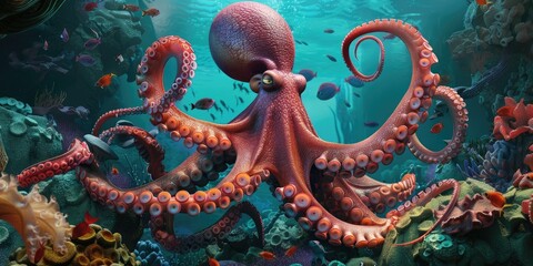 Obraz premium A remarkable octopus exploring rocky caverns in the aquatic environment filled with a variety of colorful fish.