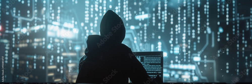 Poster a silhouette of a hacker in a hoodie focuses on a computer, immersed in a sea of flowing, green matr