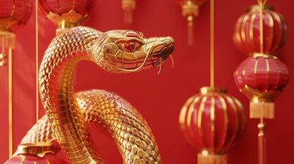 Chinese new year decorations. Happy chinese new year, year of the snake zodiac sign hanging beautiful lantern and flowers on red background.