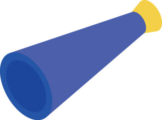 Blue party horn with yellow tip is blowing to celebrate a birthday or special occasion