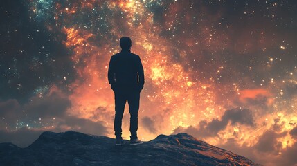 Fototapeta premium Silhouetted Man Gazing at a Starry Sky.