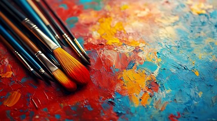 Fototapeta premium Paintbrushes on a Palette with Red, Yellow, and Blue Acrylic Paint.
