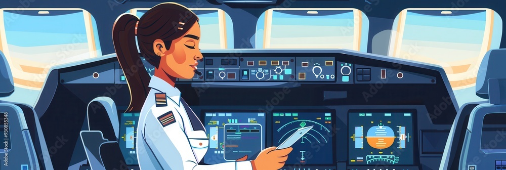 Poster A flight attendant is focused on reviewing safety procedures while seated in the cockpit as the sun shines through the windows. Generative AI
