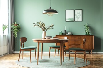 A cozy dining area featuring a round table, wooden chairs, and green accents.
