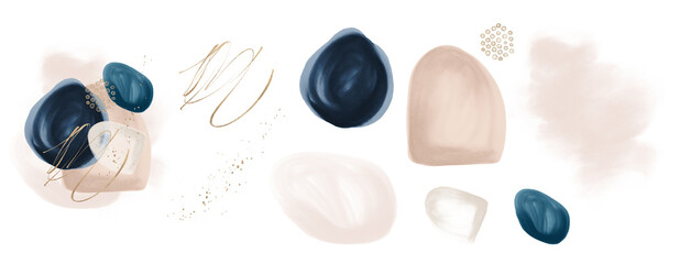 Abstract elements. Navy blue blush pink ivory grey beige white watercolor Illustration and gold elements, on white background. Abstract modern print set. Logo. Wall art. Poster. Business card.