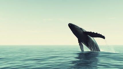 Fototapeta premium Humpback Whale Breaching in Ocean Water Blue Sea Ocean Animal Wildlife Photography
