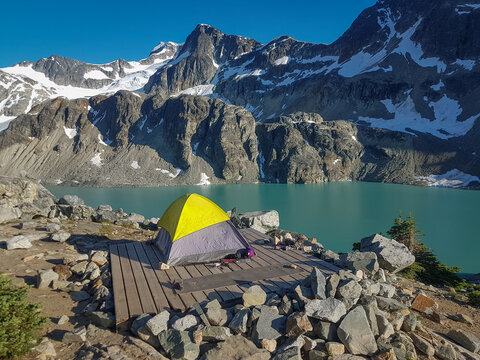 Camping in backcountry by the Wedgemount lake, British Colombia, Canada
