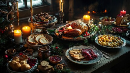 Naklejka premium Yuletide Feast Spread with a Bountiful Array of Traditional Holiday Dishes by Candlelight