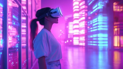 Woman in VR Headset Exploring Futuristic Neon City