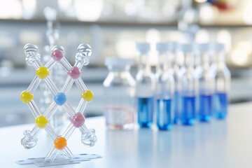 Science laboratory, image for science and chemistry publications, test tubes and visual aids in the frame, bright room, background image