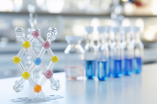 Science laboratory, image for science and chemistry publications, test tubes and visual aids in the frame, bright room, background image