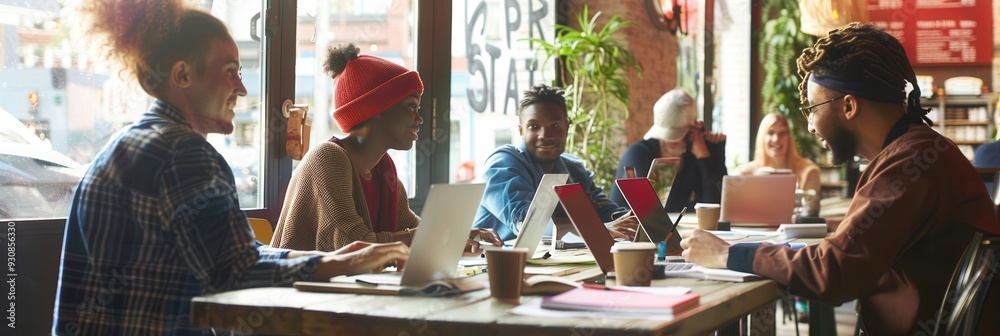 Aufkleber A team of young entrepreneurs exchanges ideas while working on laptops and discussing notes in a lively cafe atmosphere. Generative AI