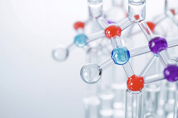 Science laboratory, image for science and chemistry publications, test tubes and visual aids in the frame, bright room, background image