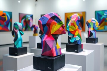 Colorful abstract sculptures displayed in an art gallery, showcasing modern artistic expression.