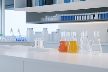 Science laboratory, image for science and chemistry publications, test tubes and scientific technical instruments in the frame, bright room, background image