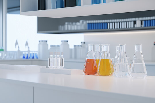 Science laboratory, image for science and chemistry publications, test tubes and scientific technical instruments in the frame, bright room, background image
