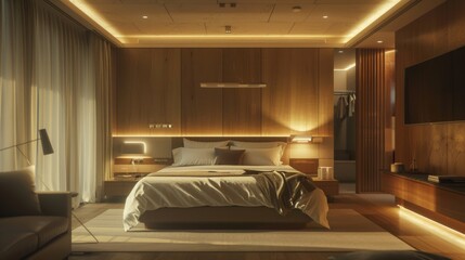 Serene Bedroom Oasis Featuring Warm Wood Accents and Soft Lighting for Ultimate Relaxation