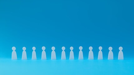 A row of simple white human figures lined up on a bright blue background.