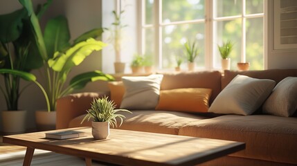 A cozy living room bathed in natural light, featuring comfortable seating, lush green plants, and a serene atmosphere.